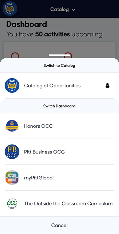 Screen shot showing switch-view options on catalog app