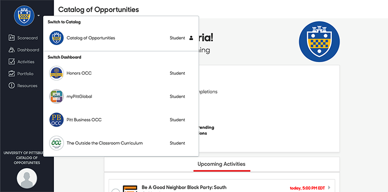 Screen shot showing Catalog of Opportunities Switch to Catalog/Switch Dashboard options